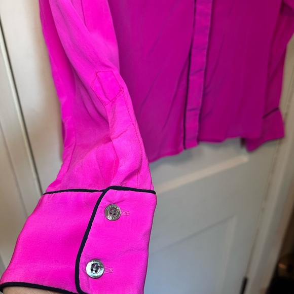 Pink Tartan Bright Pink Collared Button Down Shirt with Black Piping, Flowy - Picture 3 of 8